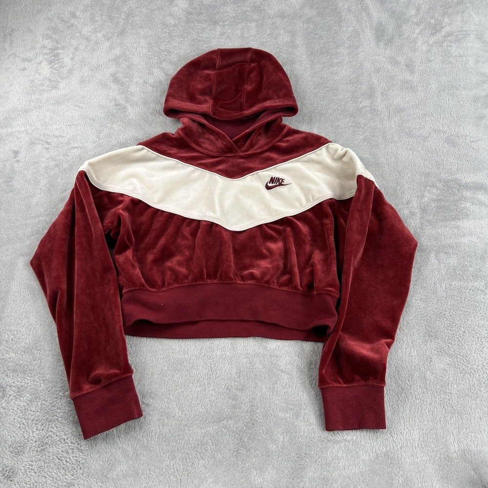 Nike Womens S Velour Chevron Cropped Hoodie Burgundy Cream Sportswear Y2K Style